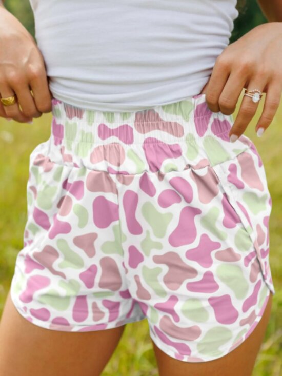 Unbranded Pants - Green Camouflage Print Shirred High Waist Athleisure Shorts